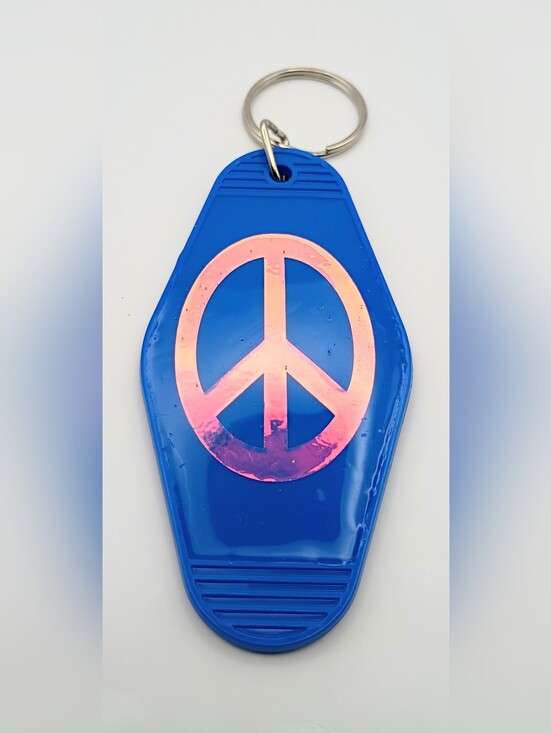 Handmade Accessories - Motel Keychain Custom Retro Styled Blue Pink Holographic Peace Symbol